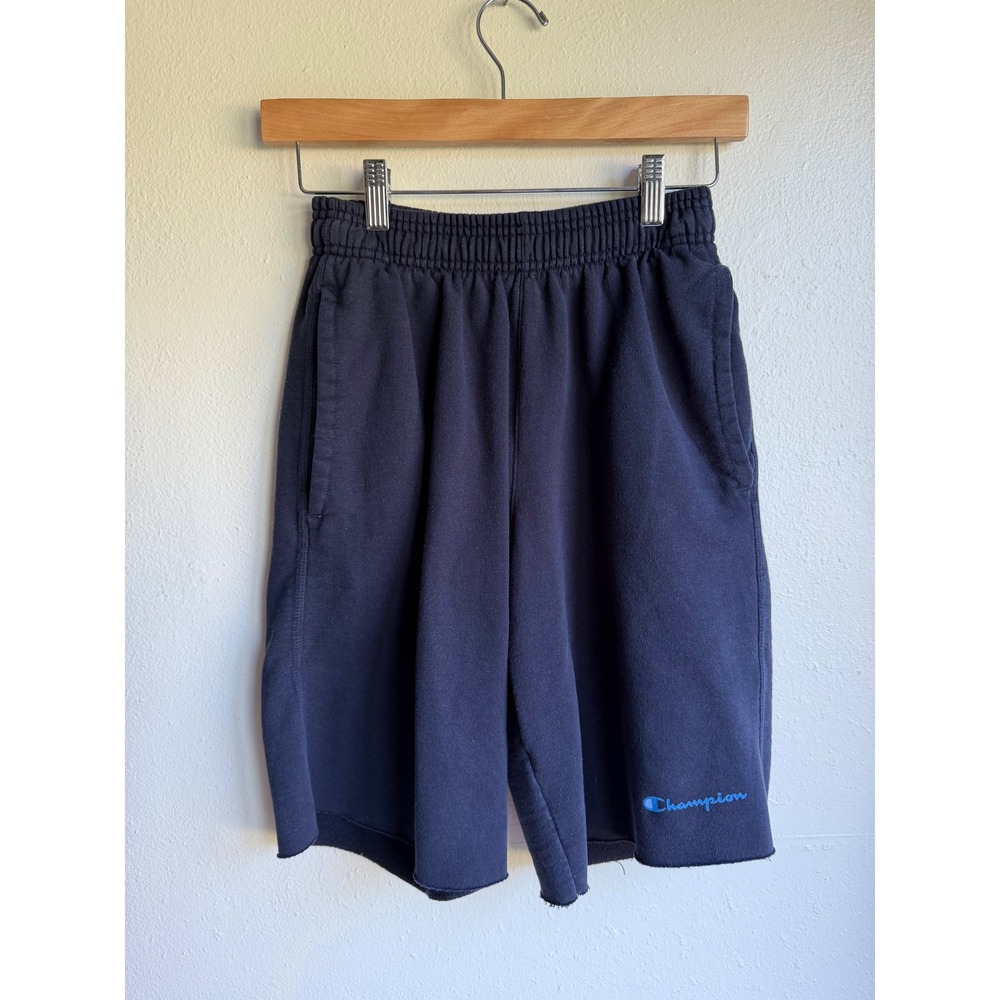 Champion Mens Navy Blue Fleece Shorts GF38H Elastic Waist Raw Hem Small